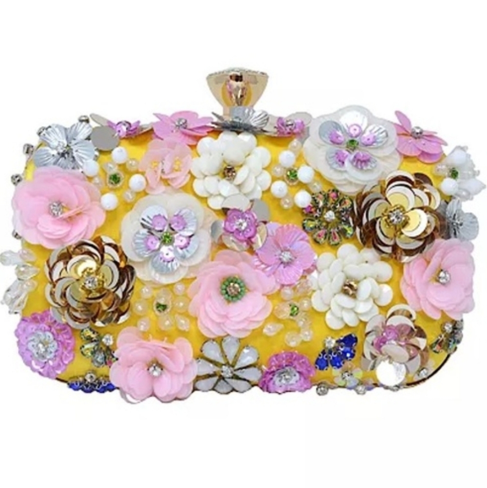 Bebe embroidered yellow silk look crystal clasp daisy crossbody clutch purse new